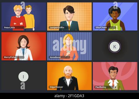 Videoconferenza, software moderno per riunioni virtuali, lavoro o lezioni Illustrazione Vettoriale