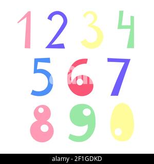 Numeri di colori diversi disegnati a mano in stile doodle illustrazione vettoriale, simboli matematici, cute divertente scritta decorativa Illustrazione Vettoriale
