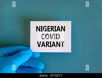 Nuovo simbolo di ceppo nigeriano covid-19. Guanto blu con cartoncino bianco. Concetto di 'variante covid nigeriana'. Variante medica e COVID-19 nigeriana Foto Stock