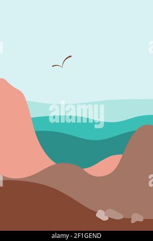 Poster del paesaggio vettoriale, arte murale in stile boho minimalista, disegno disegnato a mano, montagna, mare, forme astratte, colori della tavolozza della terra Illustrazione Vettoriale