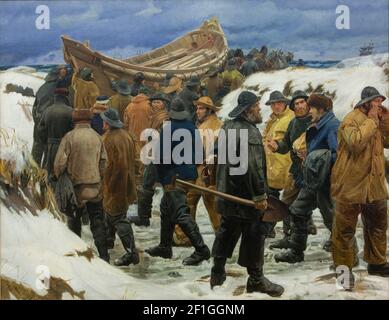 Michael Ancher - La scialuppa di salvataggio viene presa attraverso le dune Foto Stock