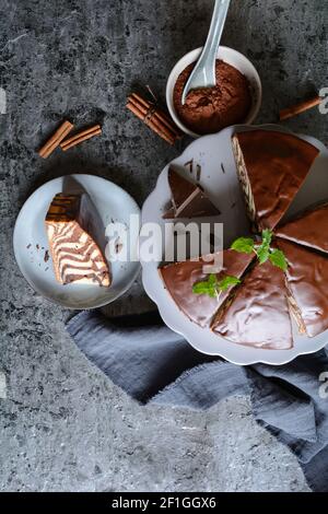 Torta di marmo di Zebra fatta in casa con glassa al cioccolato Foto Stock
