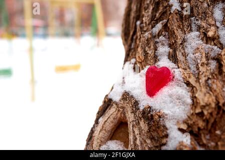 Una figurina rossa di un cuore fatto di ghiaccio giace nella neve sulla corteccia di un albero Foto Stock