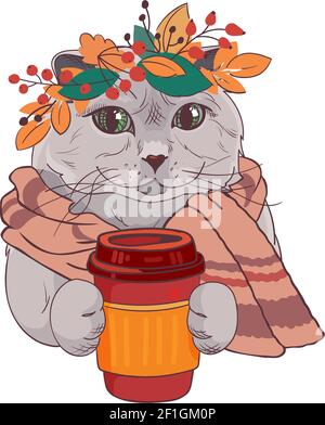 Poster della moda. Gatto britannico con una corona di foglie e una tazza di caffè. Stampa con un simpatico gattino avvolto in una sciarpa. Illustrazione vettoriale isolata su sfondo bianco. Scheda divertente nello stile di schizzo. Illustrazione Vettoriale