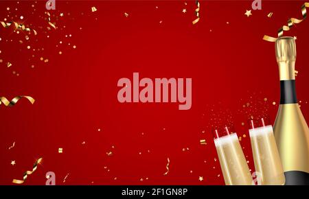 Estratto Red Party Holiday background con Confetti e nastro d'oro, bottiglia di champagne e bicchiere. Illustrazione vettoriale Illustrazione Vettoriale