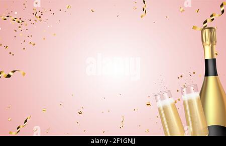 Bottiglia d'oro con champagne 3D realistico e bicchieri su sfondo rosa. Illustrazione vettoriale Illustrazione Vettoriale