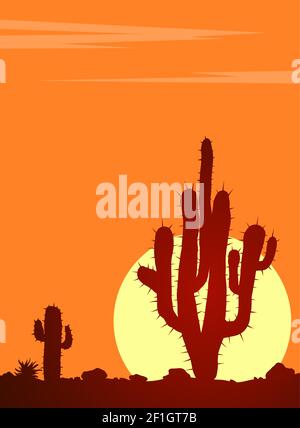 Tramonto nel deserto con cactus. Paesaggio serale con spazio per la copia. Illustrazione Vettoriale