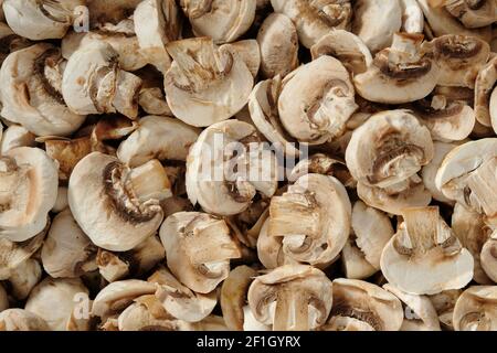 Sezioni Champignon, vista dall'alto. Sfondo di funghi champignon. Foto Stock