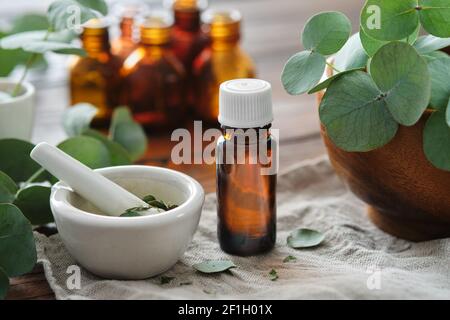 Bottiglia di olio di eucalipto, mortaio e ciotola di legno di foglie di eucalipto verde. Tintura e bottiglie di olio su sfondo, non in fuoco. Foto Stock