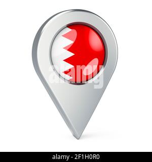 Puntatore mappa con flag del Bahrain, rendering 3D isolato su sfondo bianco Foto Stock