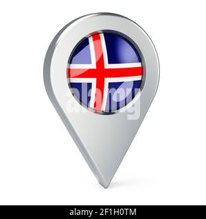 Puntatore a mappa con bandiera dell'Islanda, rendering 3D isolato su sfondo bianco Foto Stock