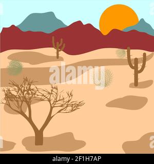 Deserto, montagne, cactus e tumbleweed Foto Stock