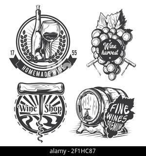 Insieme di elementi di vinificazione (barile, uva, bottiglia, ecc.) emblemi, etichette, distintivi, logo. Isolato su bianco Illustrazione Vettoriale