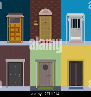 Flat colorato elegante porte di ingresso set di varie forme e. illustrazione vettoriale isolata dalla costruzione Illustrazione Vettoriale