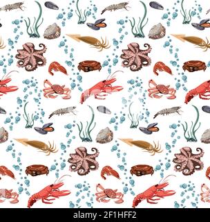 Animali marini e oceanici motivo senza cuciture con creature marine verdi alghe e bolle d'acqua illustrazione vettoriale Illustrazione Vettoriale