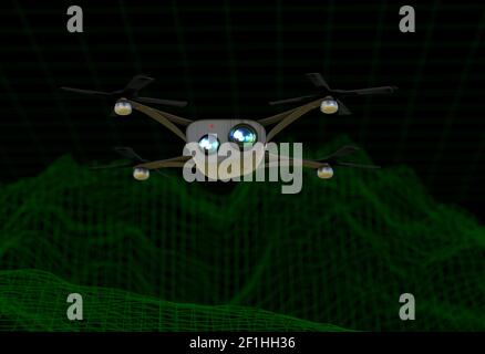 Copter realistico con telecamere volando sul paesaggio virtuale 3d illustrazione Foto Stock