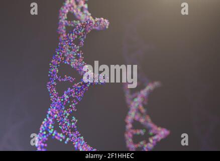 Modello di sequenza della molecola di DNA atomi nel thread 3d illustrazione Foto Stock