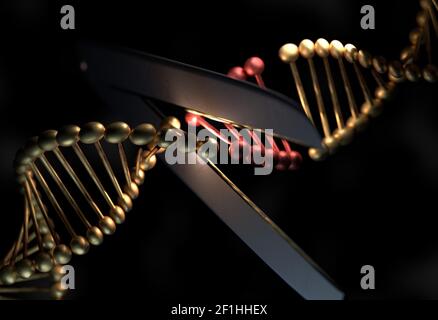 Il DNA tagliato il gene difettoso da una piattaforma a forbice 3d illustrazione Foto Stock