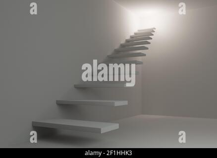 Semplice bianco stair dal pavimento alla luce con pareti 3D illustrazione Foto Stock