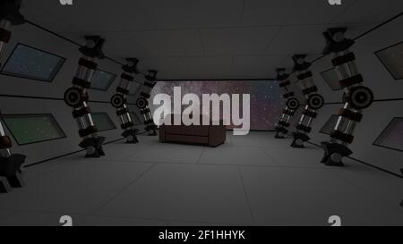 Astronave interno con divano relax vista sullo spazio e pianeti distanti system 3D illustrazione Foto Stock