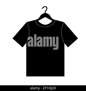 Tshirt sull'icona appendiabiti su sfondo bianco. Simbolo dell'abbigliamento. Stile piatto. Foto Stock