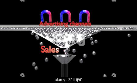 Imbuto di vendita. Sfere di metallo magnete e il target di vendita. 3D illustrazione Foto Stock