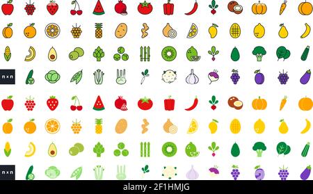 Set di icone vettoriali lineari a colori piatti. Ortaggi, frutta e bacche. Contorno, forma, contorno isolato su bianco. Linea sottile. Design moderno. Sano Illustrazione Vettoriale