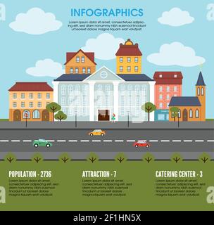 Elementi del paesaggio della città vecchia concetto infografico con comunale e di vita edifici alberi e automobili in movimento illustrazione vettoriale Illustrazione Vettoriale