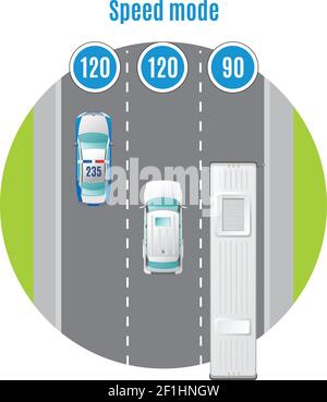 Sistema di visualizzazione dall'alto a colori per il traffico automobilistico con velocità di marcia consigliata per diversi tipi di illustrazione vettoriale dei trasporti Illustrazione Vettoriale