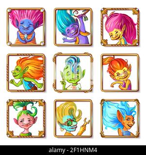 Avatar Cartoon troll personaggi set con diversi abiti acconciature e. colore della pelle in cornici quadrate illustrazione vettoriale isolata Illustrazione Vettoriale