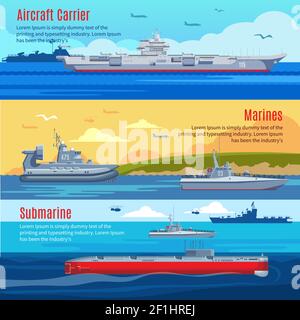 Bandiera orizzontale della flotta militare con guerra navale marina di combattimento e. illustrazione vettoriale delle navi da battaglia Illustrazione Vettoriale