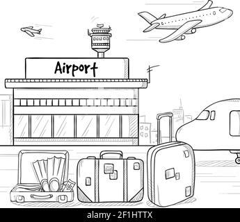Concetto di vacanza estiva disegnata a mano con aeroplani di costruzione dell'aeroporto e bagaglio in un'illustrazione vettoriale in stile monocromatico Illustrazione Vettoriale