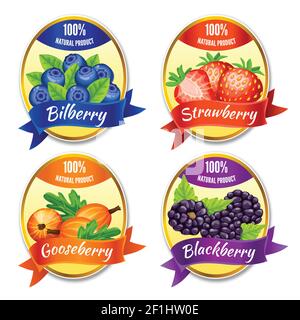 Cartoon etichette colorate di frutti di bosco con mirtillo di fragola per l'illustrazione vettoriale isolata della progettazione dell'imballaggio Illustrazione Vettoriale