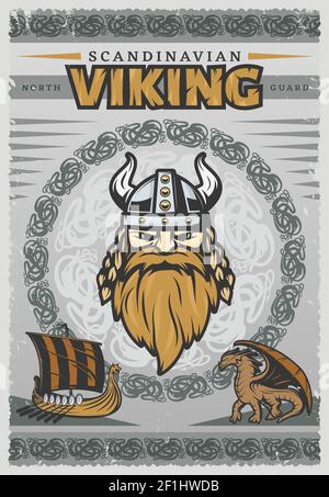 Poster vichingo vintage con il volto di Scandinavo Viking e suo immagine vettoriale della barba reg Illustrazione Vettoriale