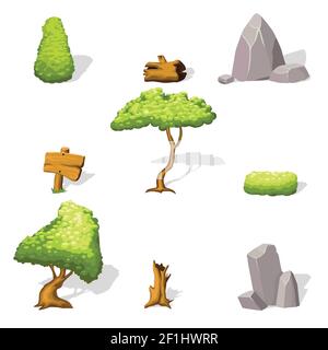 Collezione di elementi paesaggistici naturali con alberi verdi cespugli di pietra e tavole di legno per disegno di gioco isolato vettore illustrazione Illustrazione Vettoriale