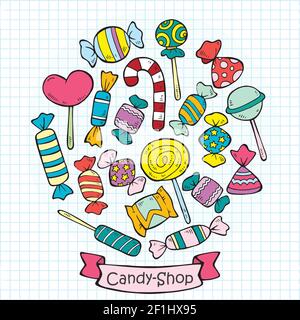 Abbozzare caramelle colorate e lollipop raccolta di forme diverse e. formati su foglio di carta illustrazione vettoriale Illustrazione Vettoriale