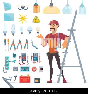 Icone di elettricità insieme con elettricista sussurrato e strumenti professionali e. illustrazione vettoriale isolata dell'apparecchiatura Illustrazione Vettoriale