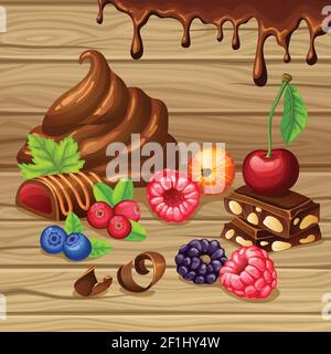Set di prodotti dolci cartoon con pezzi di cioccolato caramelle gocce frustate bacche crema su sfondo di legno illustrazione vettoriale Illustrazione Vettoriale
