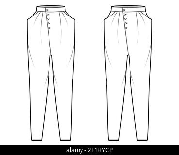 Set di pantaloni baggy rastremati illustrazione tecnica di moda con vita normale bassa, altezza elevata, tasche a barra, fronte drapping. Modello di abbigliamento piatto, colore bianco. Donne, uomini, unisex CAD mockup Illustrazione Vettoriale