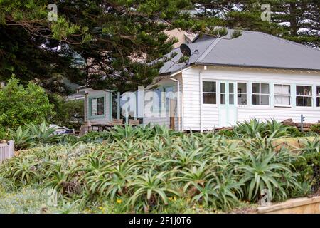 Australian cottage tradizionale weatherboard accanto Avalon Beach a Sydney con Verde giardino costiero, NSW, Australia Foto Stock