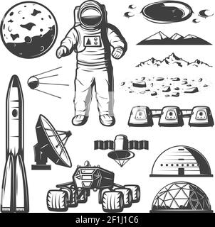 Collezione vintage Mars Space Elements con astronave Rover Planet cosmonauta stazione radar satellite crateri di montagna isolato vettore illustrazione Illustrazione Vettoriale