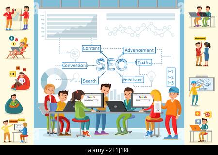 Concetto infografico di analisi aziendale con persone che lavorano in ufficio ottimizzazione dei principali indicatori di strategia seo illustrazione vettoriale Illustrazione Vettoriale