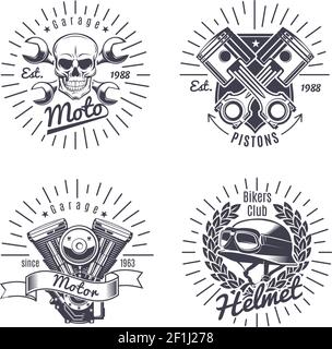 Set di emblemi monocromi vintage con iscrizioni casco per motore cranio illustrazione vettoriale isolata di pistoni e chiavi incrociate Illustrazione Vettoriale