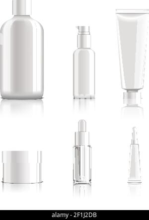 Set di confezioni cosmetiche in bianco realistico con bottiglie e contenitori per cura della pelle e prodotti da bagno illustrazione vettoriale isolata Illustrazione Vettoriale