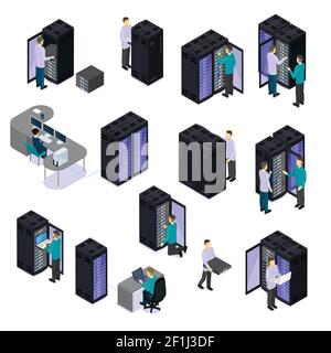 Persone in set isometrico di data center con server di hosting cloud illustrazione vettoriale isolata del servizio di riparazione tecnologica Illustrazione Vettoriale