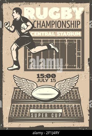 Poster del concorso di rugby vintage con campo di ali da palla da running e lo stadio in un'illustrazione vettoriale in stile monocromatico Illustrazione Vettoriale