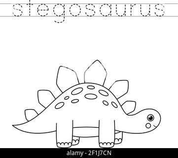 Traccia i nomi dei dinosauri. Colore carino stegosauro. Pratica di scrittura a mano per i capretti di preschool. Illustrazione Vettoriale