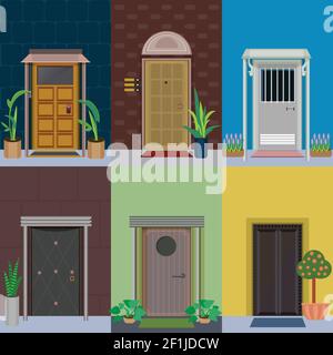 Elementi esterni dell'edificio piano con piante e fiori pentole vicino alle porte di ingresso isolato vettore illustrazione Illustrazione Vettoriale