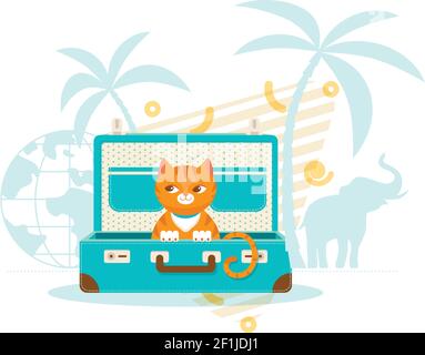 Viaggio con animali domestici concetto di gatto carino seduto in caso palm alberi globo e elefante silhouette illustrazione vettoriale Illustrazione Vettoriale