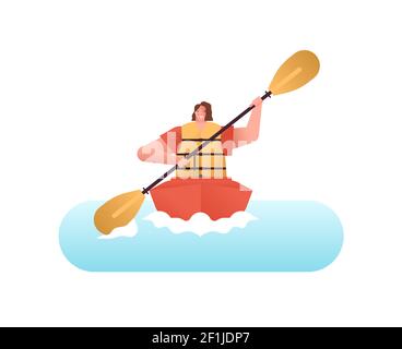 Happy Woman in kayak su isolato sfondo bianco. Ragazza che fa sport d'acqua estremi, vacanze estive o concetto eco-friendly. Illustrazione Vettoriale